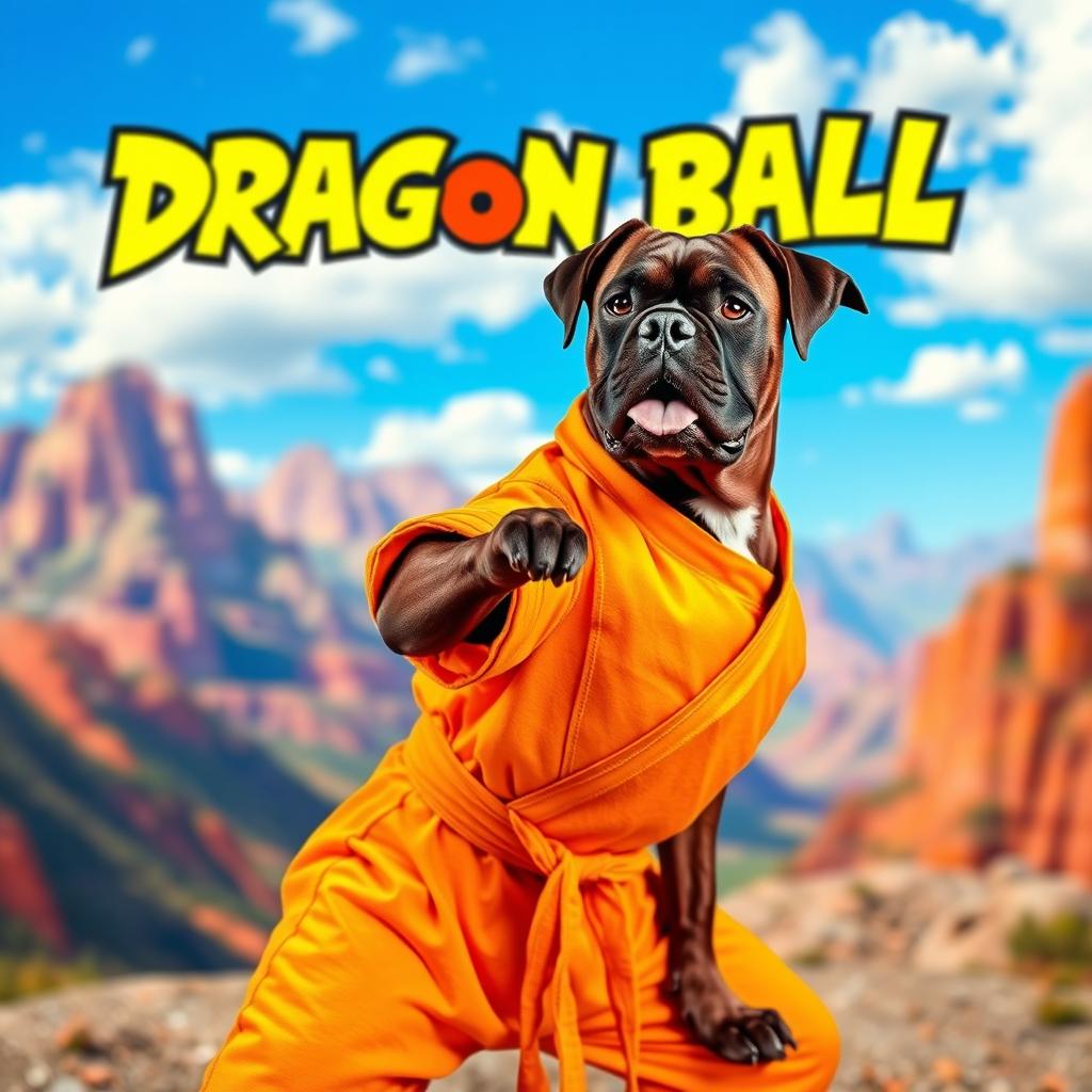An old dark brown brindle Boxer dog dressed in Goku's traditional orange martial arts gi from Dragon Ball, striking a powerful pose as if ready for a training session