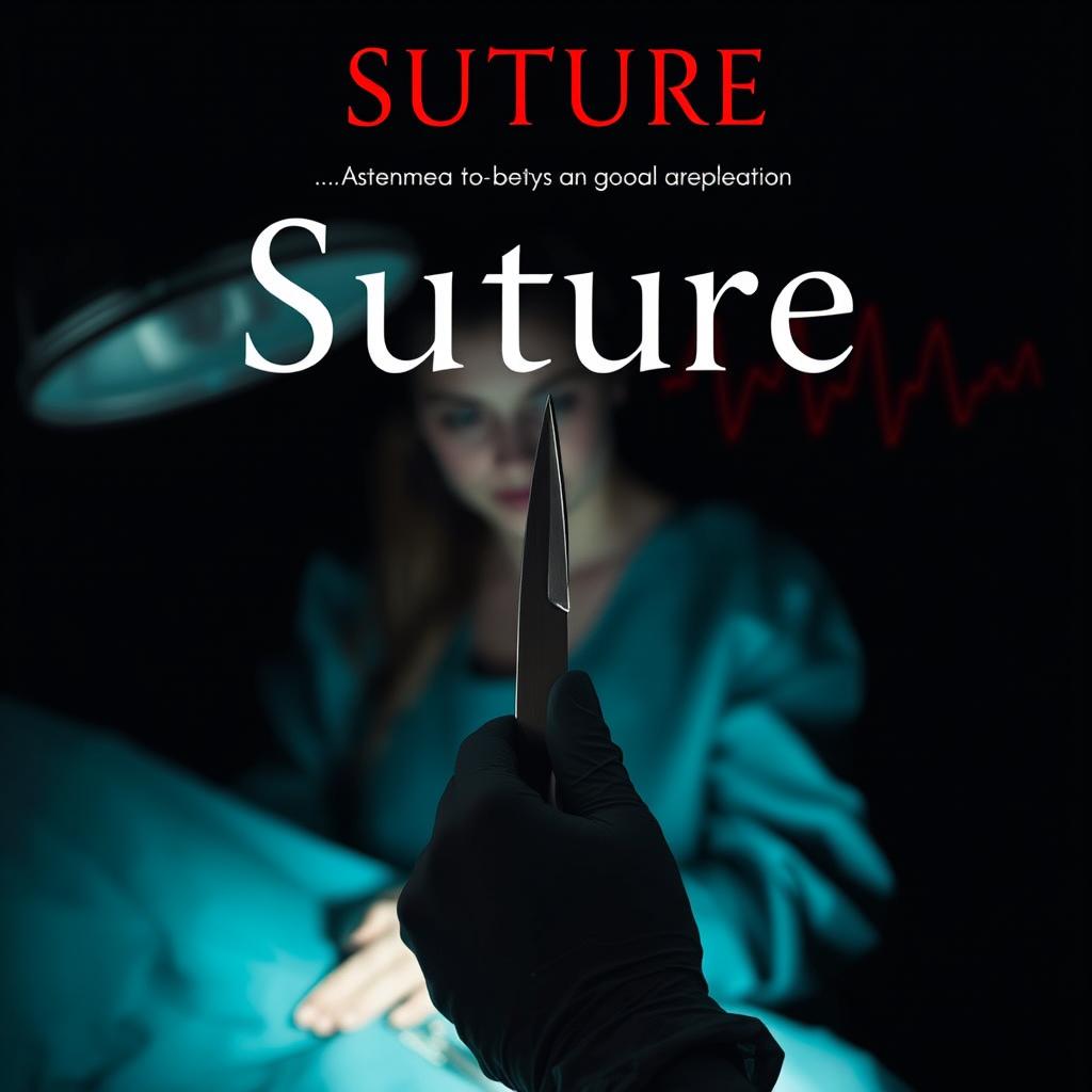 The cover design for a novel titled 'Suture', featuring a mysterious and dark atmosphere that reflects the themes of heartache and surgical precision