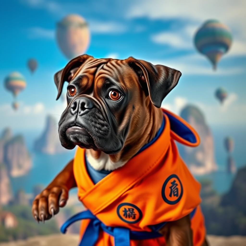 An old dark brown brindle Boxer dog resembling Goku from Dragon Ball, wearing Goku's orange martial arts gi with the blue undershirt and blue belt, showcasing the traditional symbol on the back