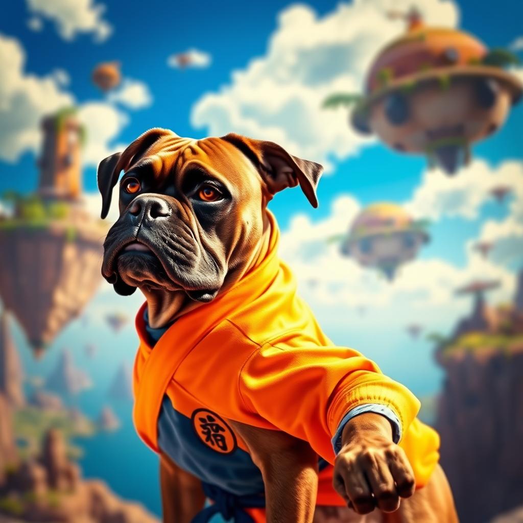 An old brown brindle Boxer dog dressed in Goku's traditional orange gi from Dragon Ball, exuding a playful and heroic spirit