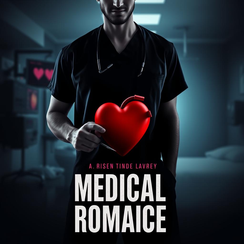A mysterious book cover for a medical romance novel featuring a heart and surgical elements