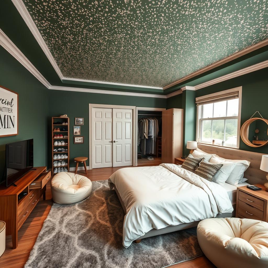 A stylish bedroom featuring hunter green walls and a ceiling embellished with cream glitter