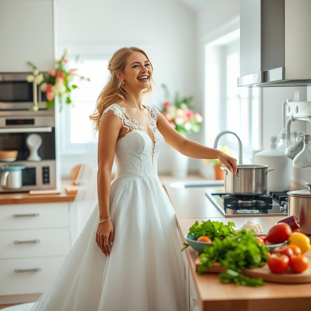 A beautiful woman in a stunning white wedding dress joyfully cooking in a modern kitchen