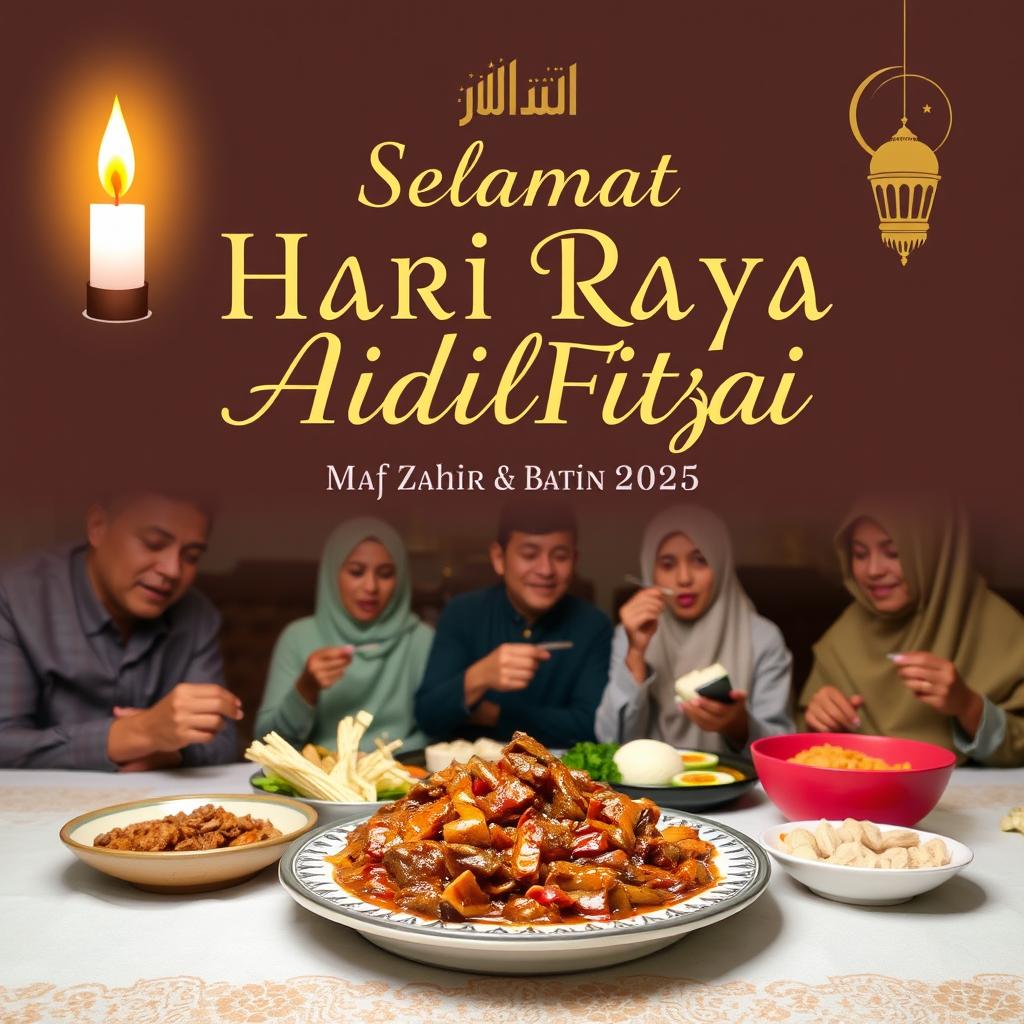 A digital card titled "Selamat Hari Raya Aidilfitri Maaf Zahir & Batin 2025" with an elegant design