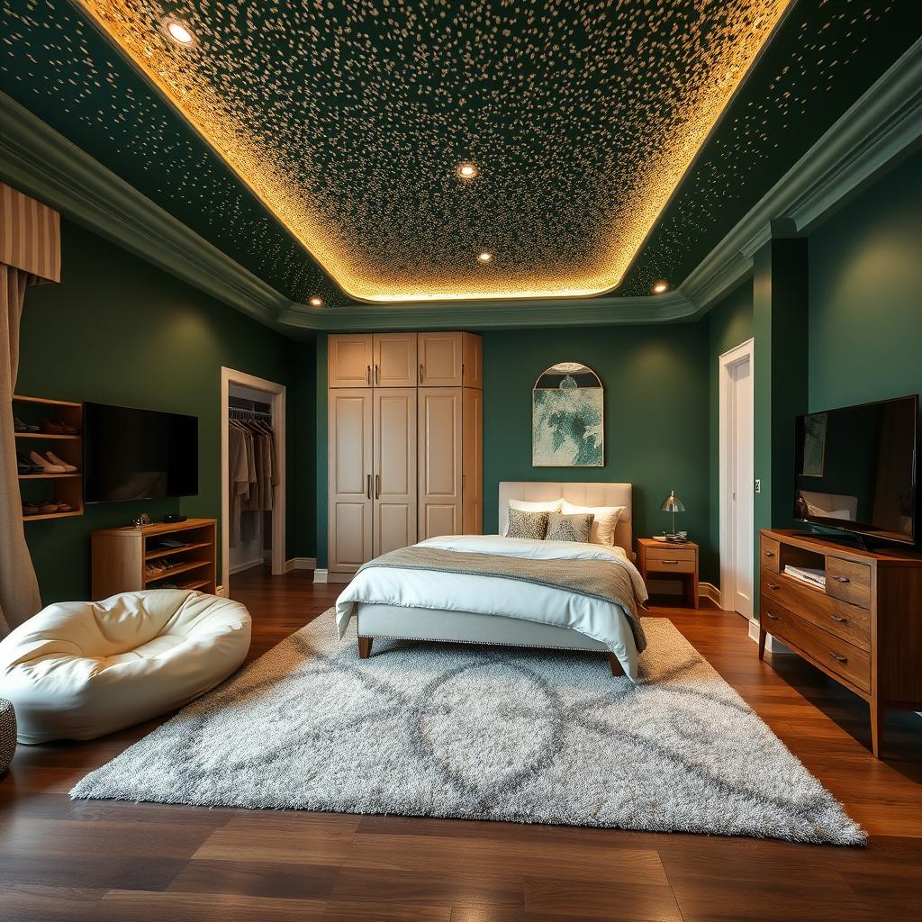 A beautifully designed bedroom with rich hunter green walls and an eye-catching ceiling adorned with cream glitter