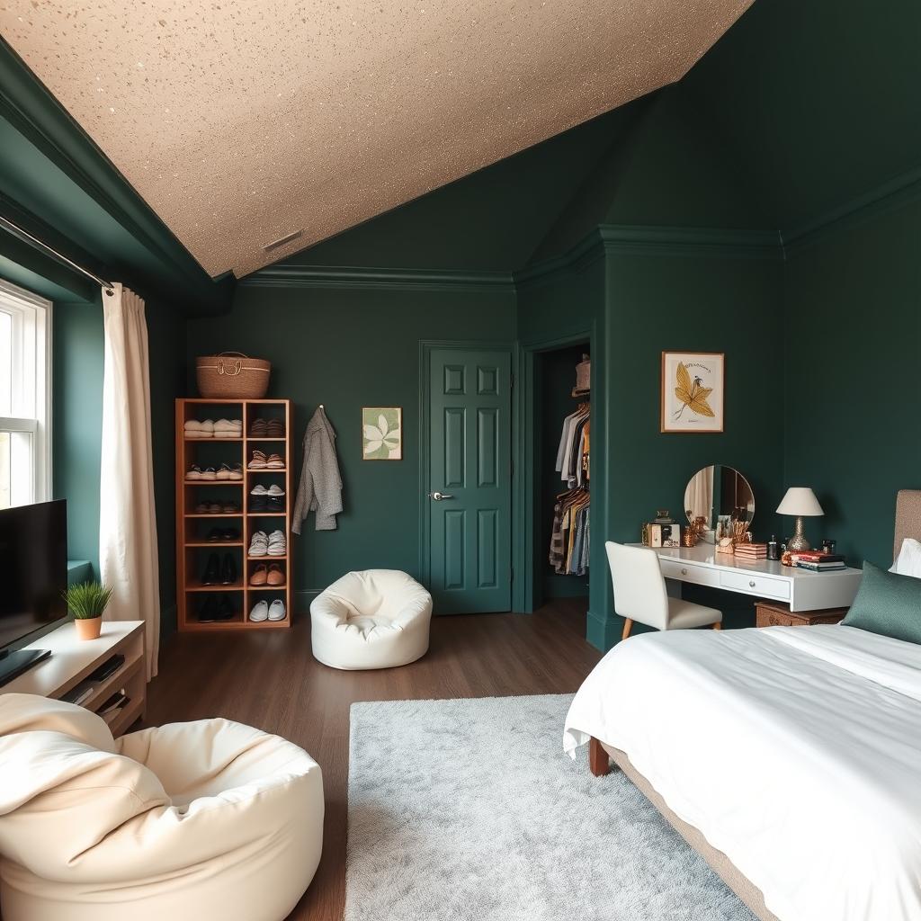 A beautifully styled bedroom featuring deep hunter green walls and a stunning ceiling with a cream glitter finish