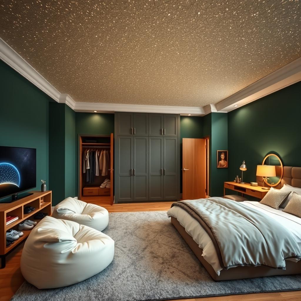 A stylish bedroom showcasing deep hunter green walls paired with a creamy glitter ceiling that sparkles elegantly