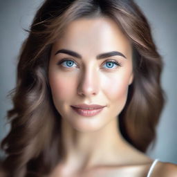 A portrait of a beautiful woman with elegant features, sparkling eyes and a serene expression