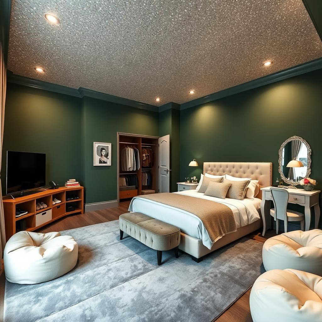 A stylish and inviting bedroom featuring rich hunter green walls combined with a stunning cream glitter ceiling that sparkles beautifully
