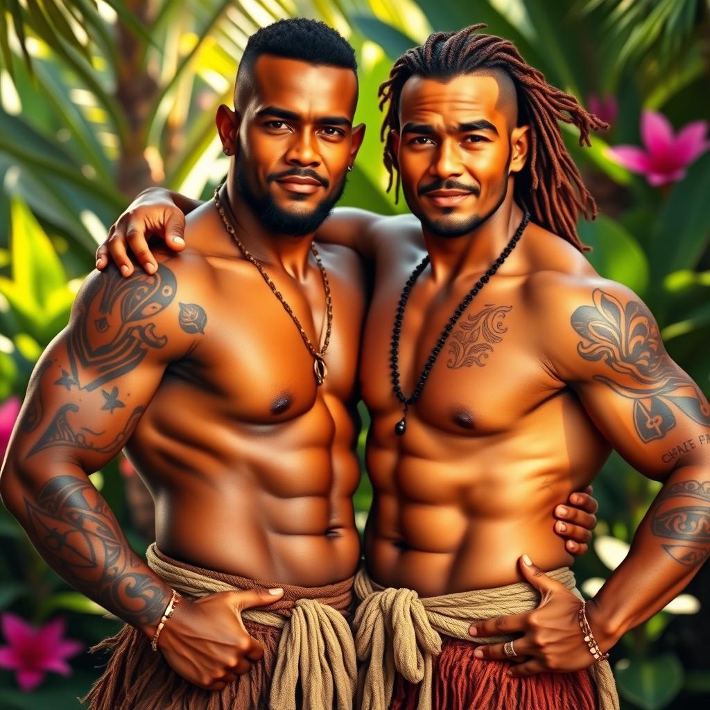 Two Pacific warriors, showcasing their well-defined muscular physiques, embrace each other in a powerful, affectionate pose