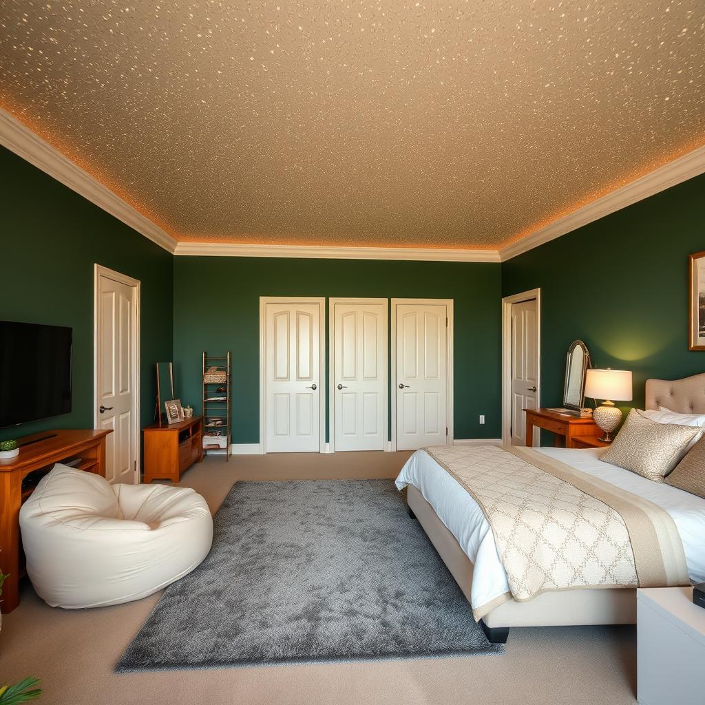 A cozy and elegant bedroom featuring rich hunter green walls and a shimmering cream glitter ceiling that adds a touch of glamour