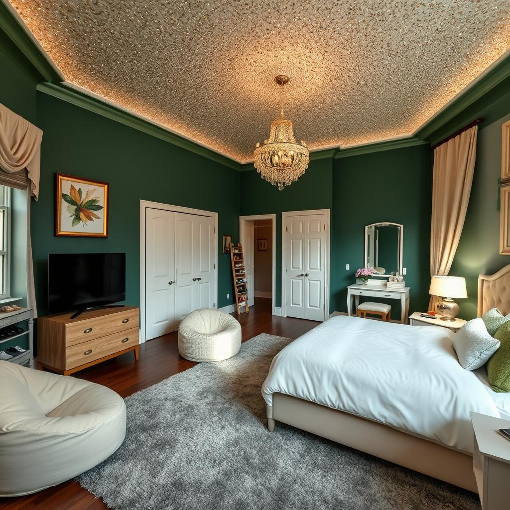 A beautifully decorated bedroom featuring rich hunter green walls and a stunning cream glitter ceiling that adds a glamorous touch