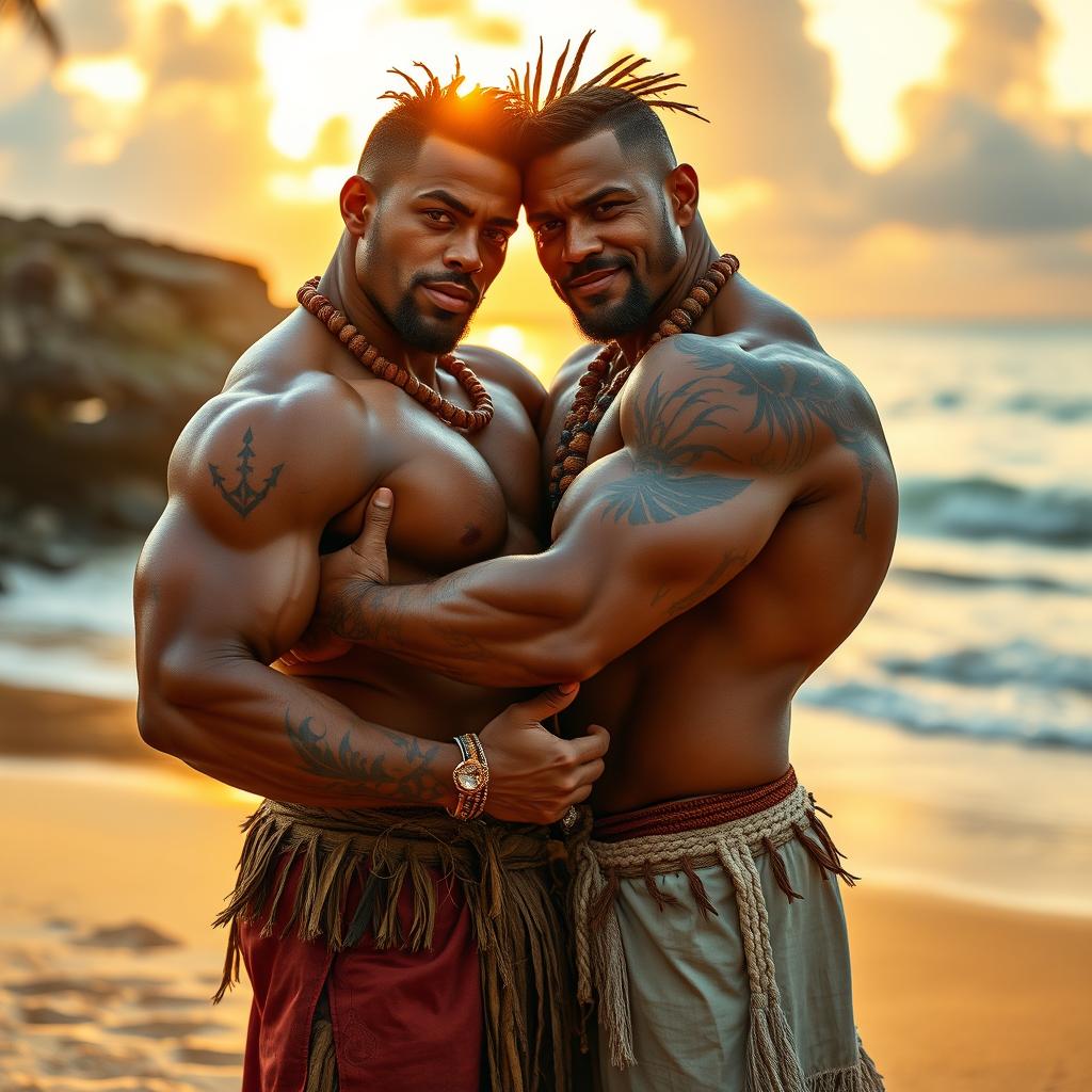Two Pacific warriors with striking bodybuilder muscular physiques embrace each other in a strong, intimate moment