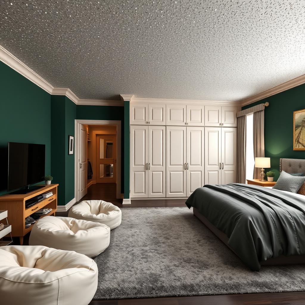 A beautifully designed bedroom featuring deep hunter green walls that create a serene atmosphere, contrasted by a dazzling cream glitter ceiling that adds elegance