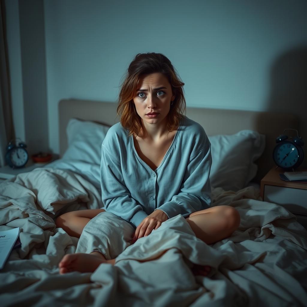 A woman in a cozy bedroom, sitting on a bed with disheveled sheets, looking distressed and wide awake, indicating her struggle to sleep
