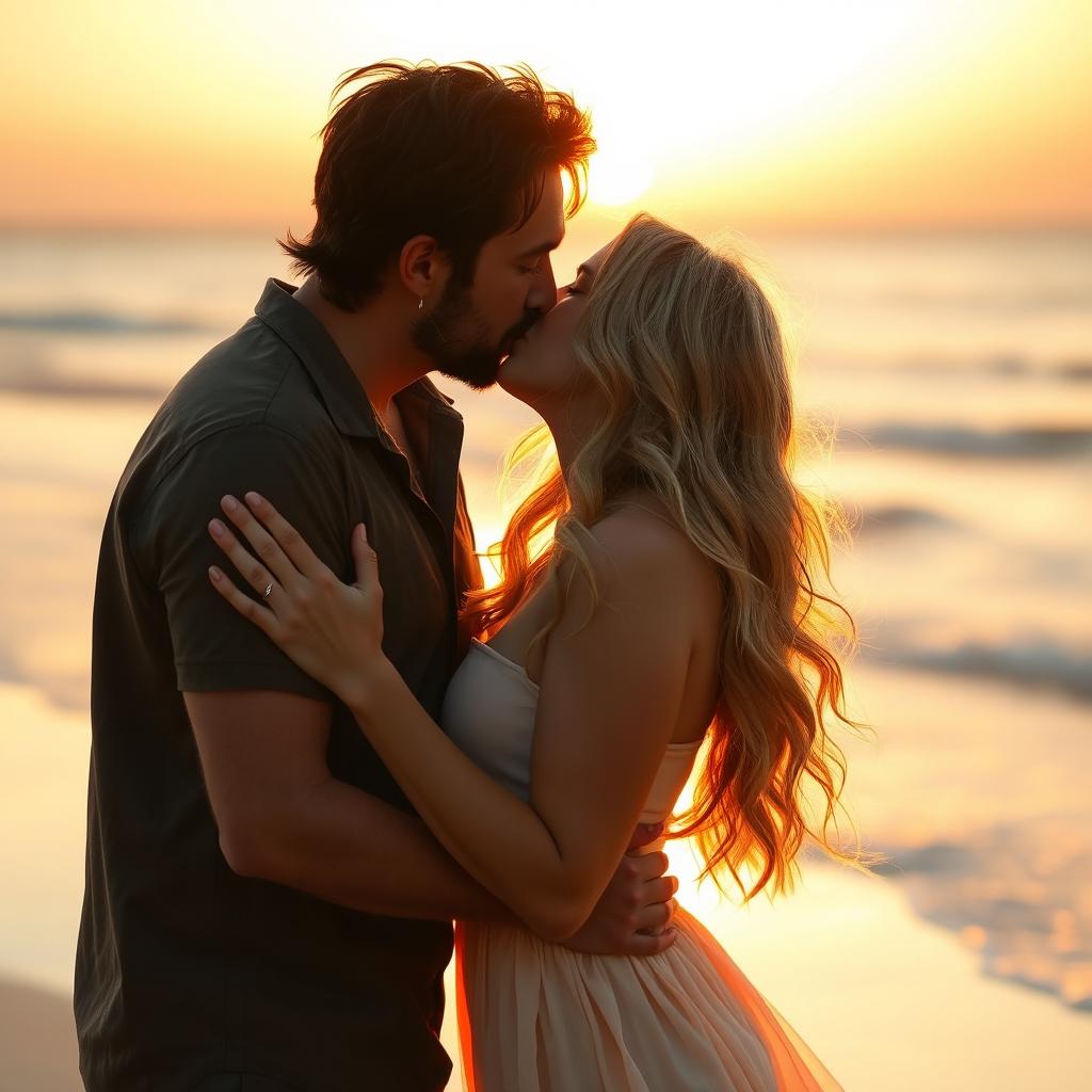 A romantic scene of two people kissing passionately, surrounded by a soft, dreamy atmosphere