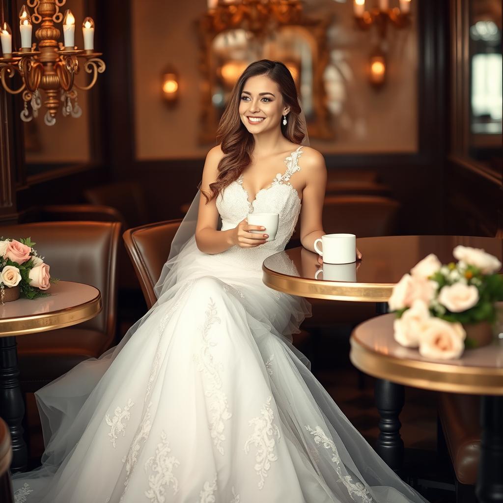 A woman in a stunning wedding dress, sitting gracefully at a café table