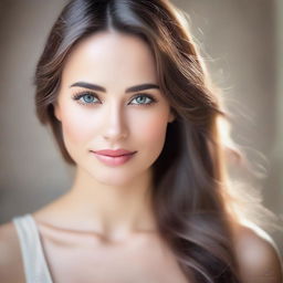 A portrait of a beautiful woman with elegant features, sparkling eyes and a serene expression