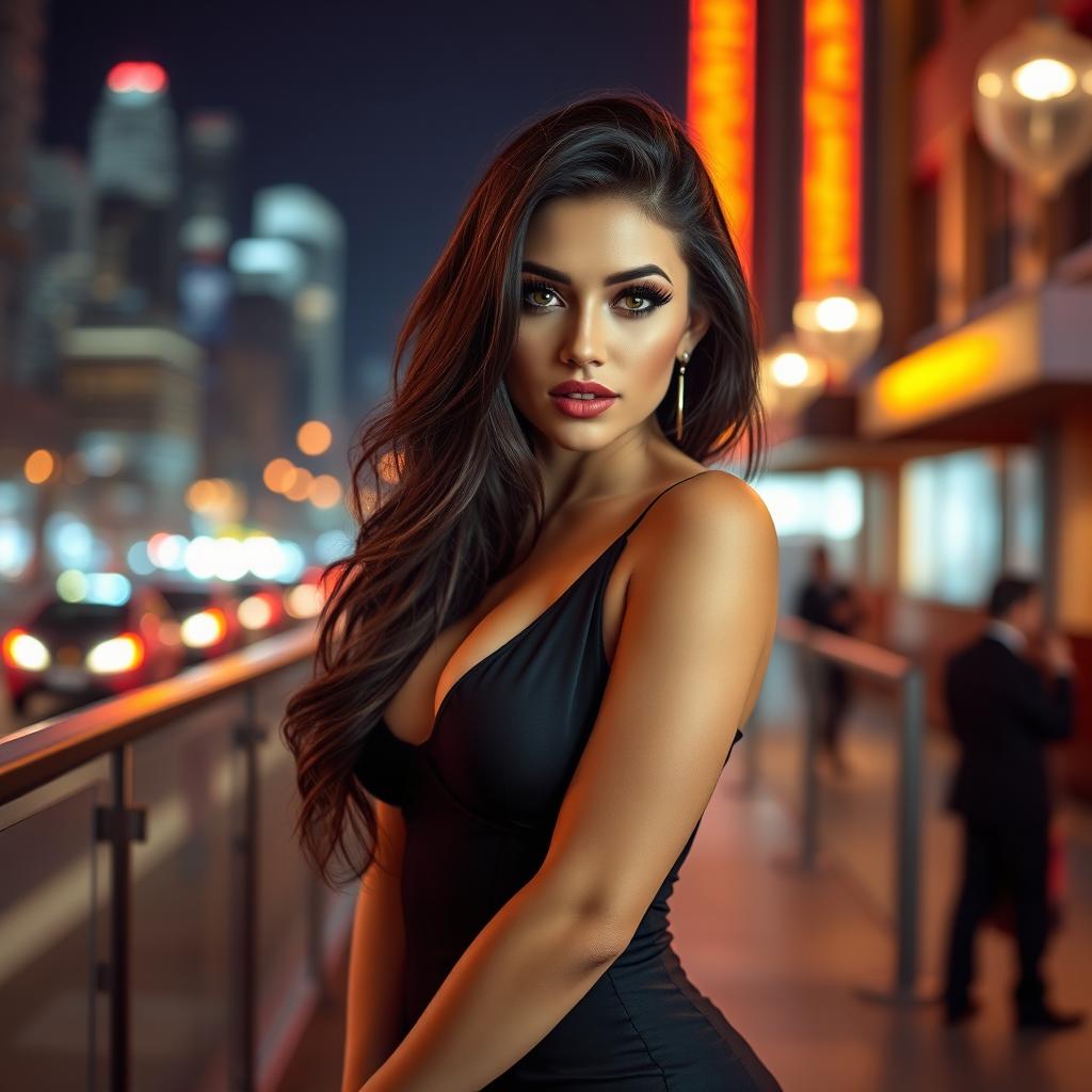 A portrait of a captivating travesti beauty with striking features, featuring vibrant makeup and long, flowing hair