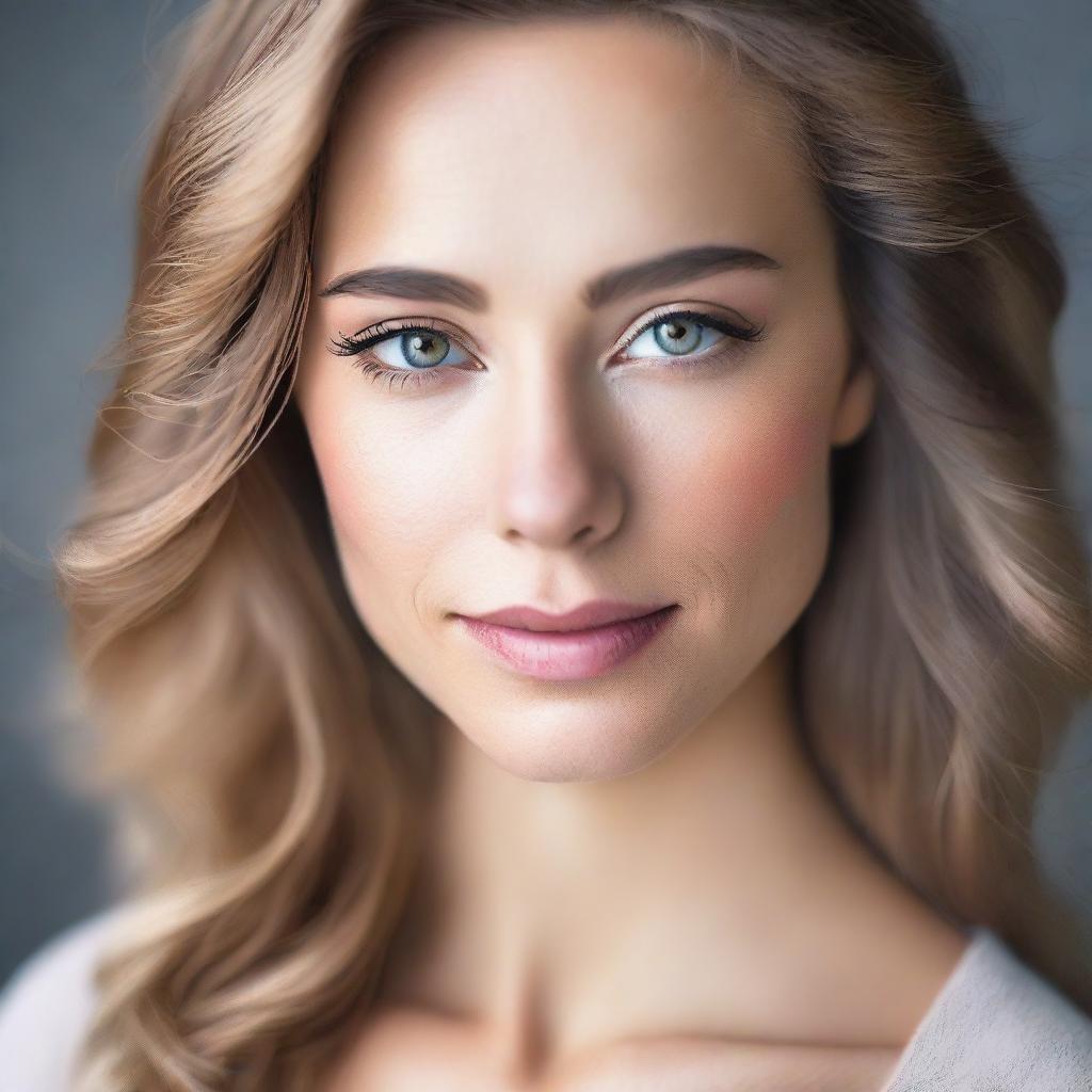 A portrait of a beautiful woman with elegant features, sparkling eyes and a serene expression