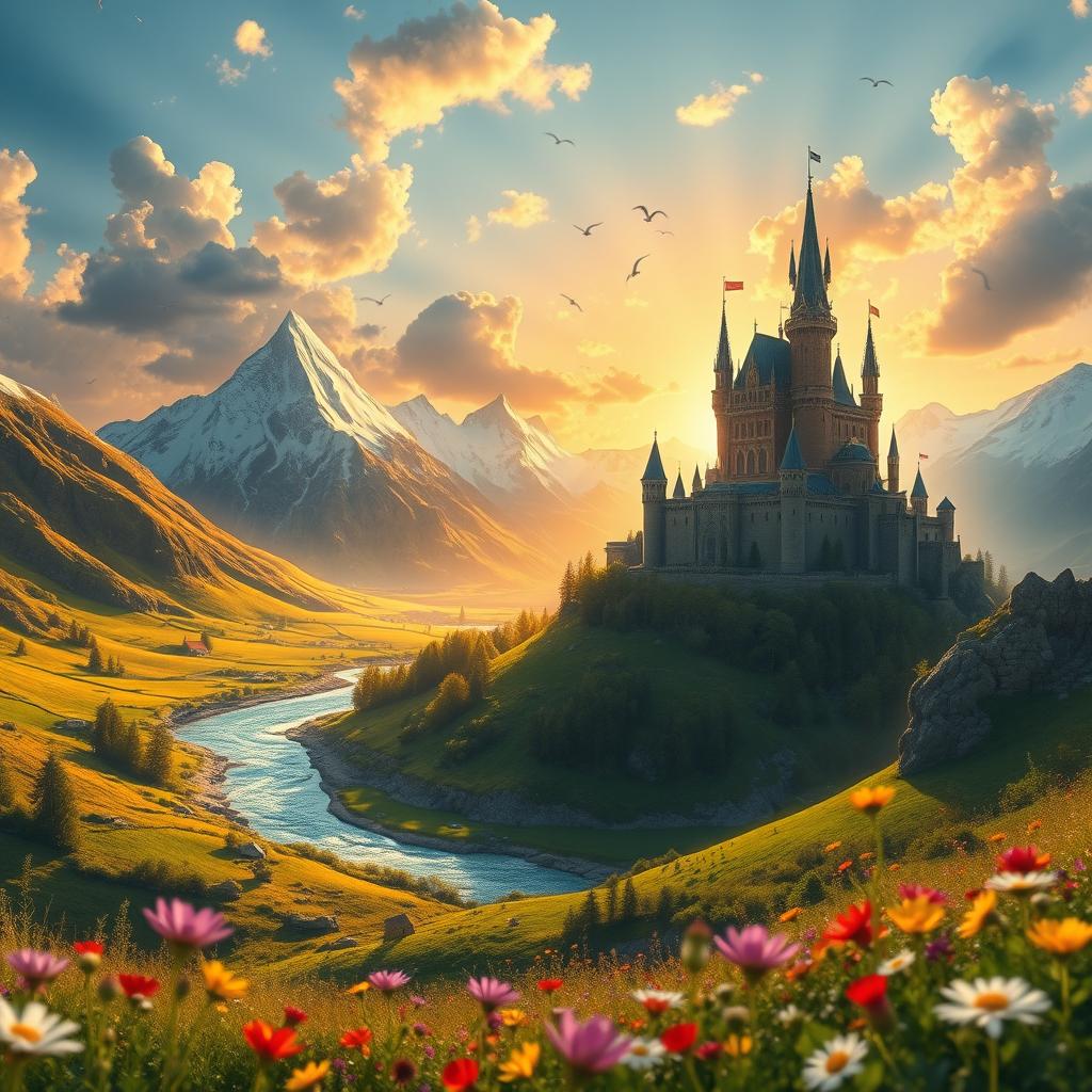 A stunning fantasy landscape featuring a lush green valley, with a sparkling river running through it, surrounded by majestic mountains topped with snow