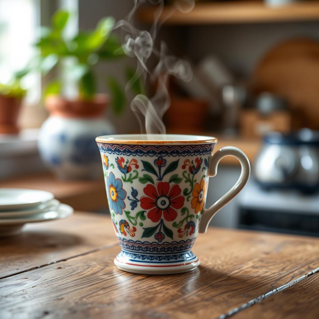 A beautifully crafted ceramic cup with intricate designs, featuring colorful floral patterns around the exterior