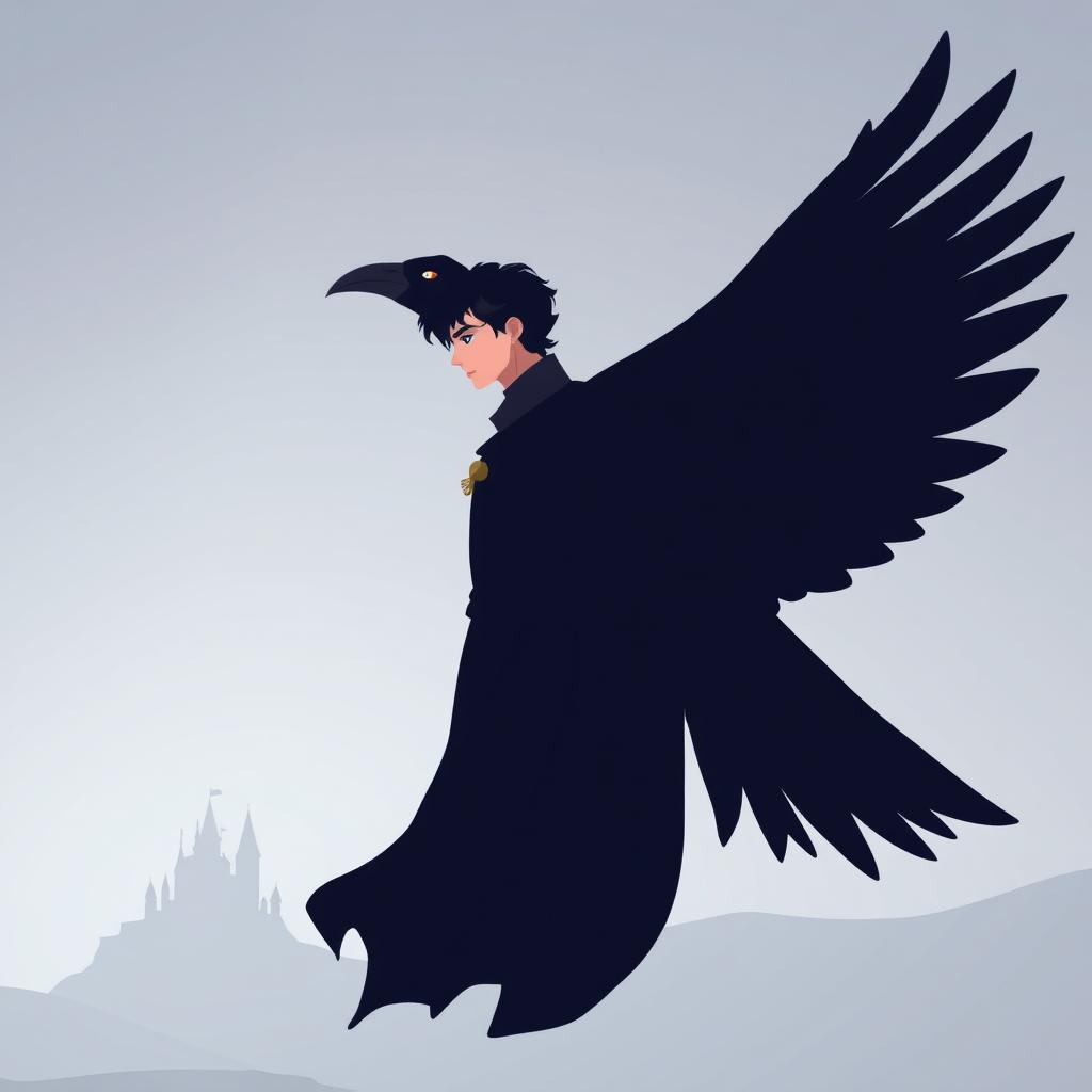 A minimalist illustration for a fantasy book cover featuring a prince transformed into a raven