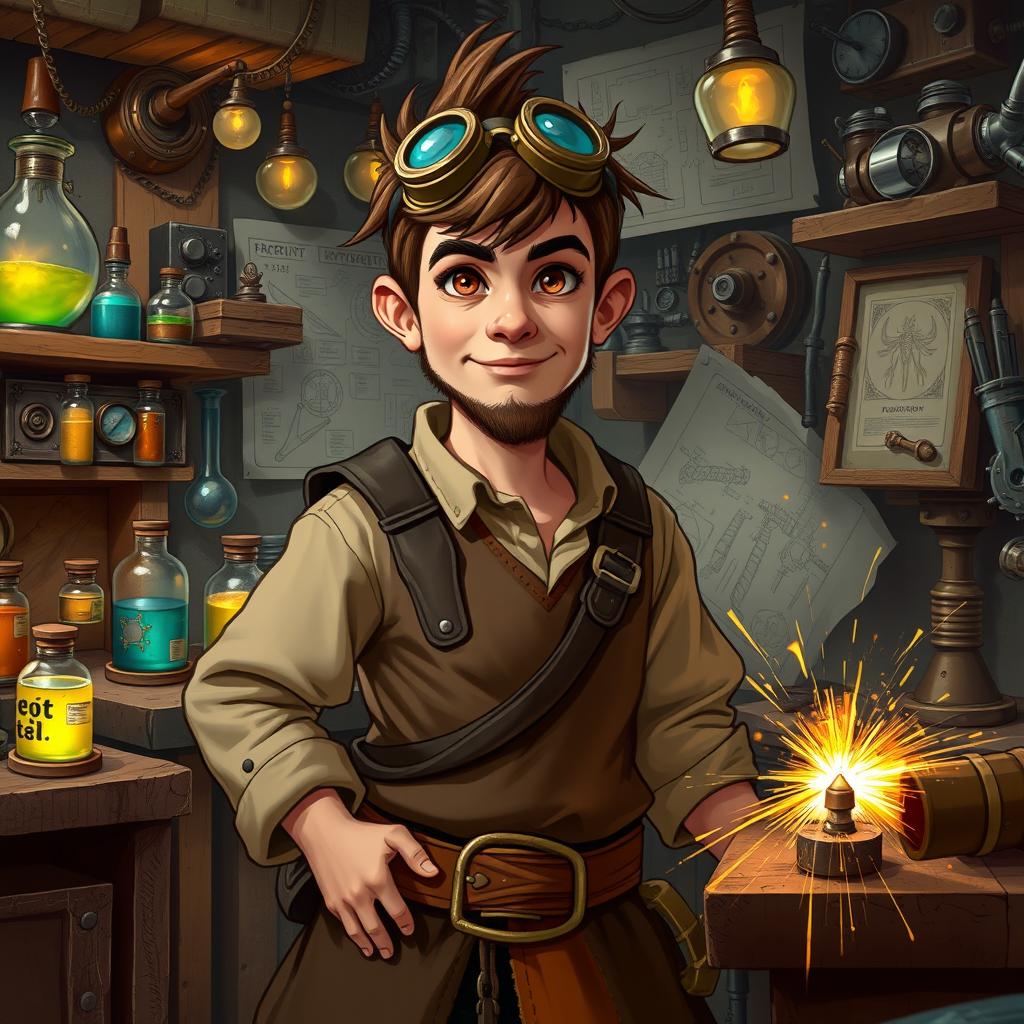 A young, intelligent artificer dwarf with teenage features, standing confidently in a workshop filled with various gadgets and tools
