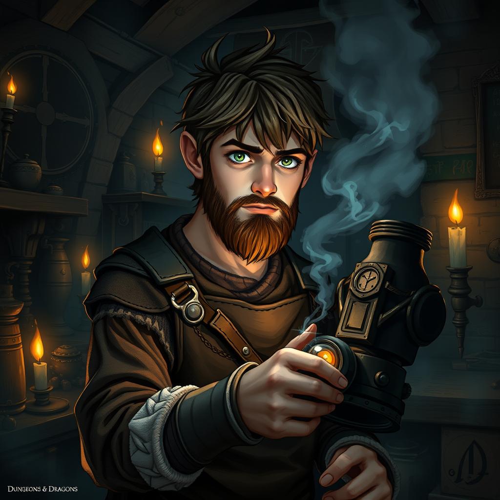 A young, intelligent artificer dwarf with teenage features in a dark fantasy setting for Dungeons & Dragons