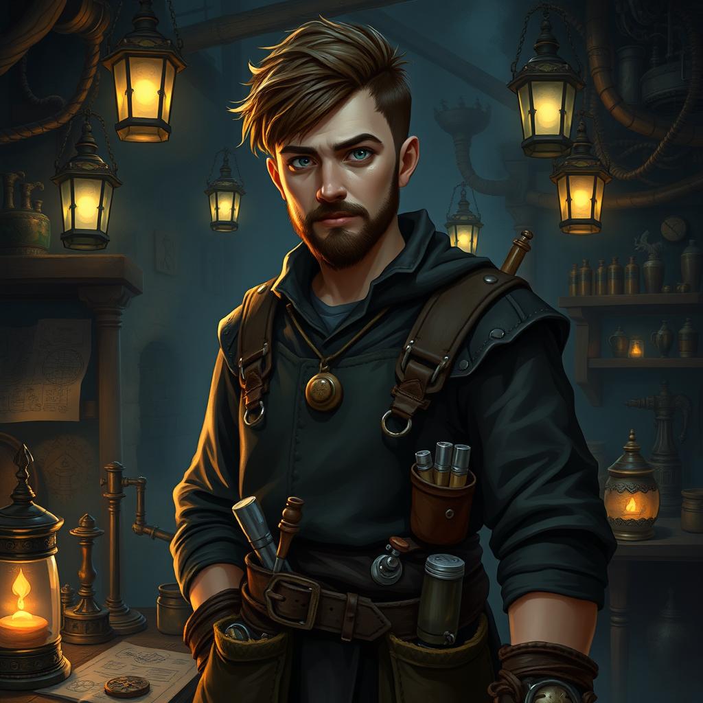 A young, highly intelligent dwarf artificer in a dark fantasy style for Dungeons & Dragons