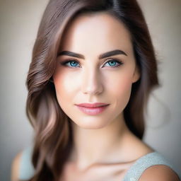 A portrait of a beautiful woman with elegant features, sparkling eyes and a serene expression