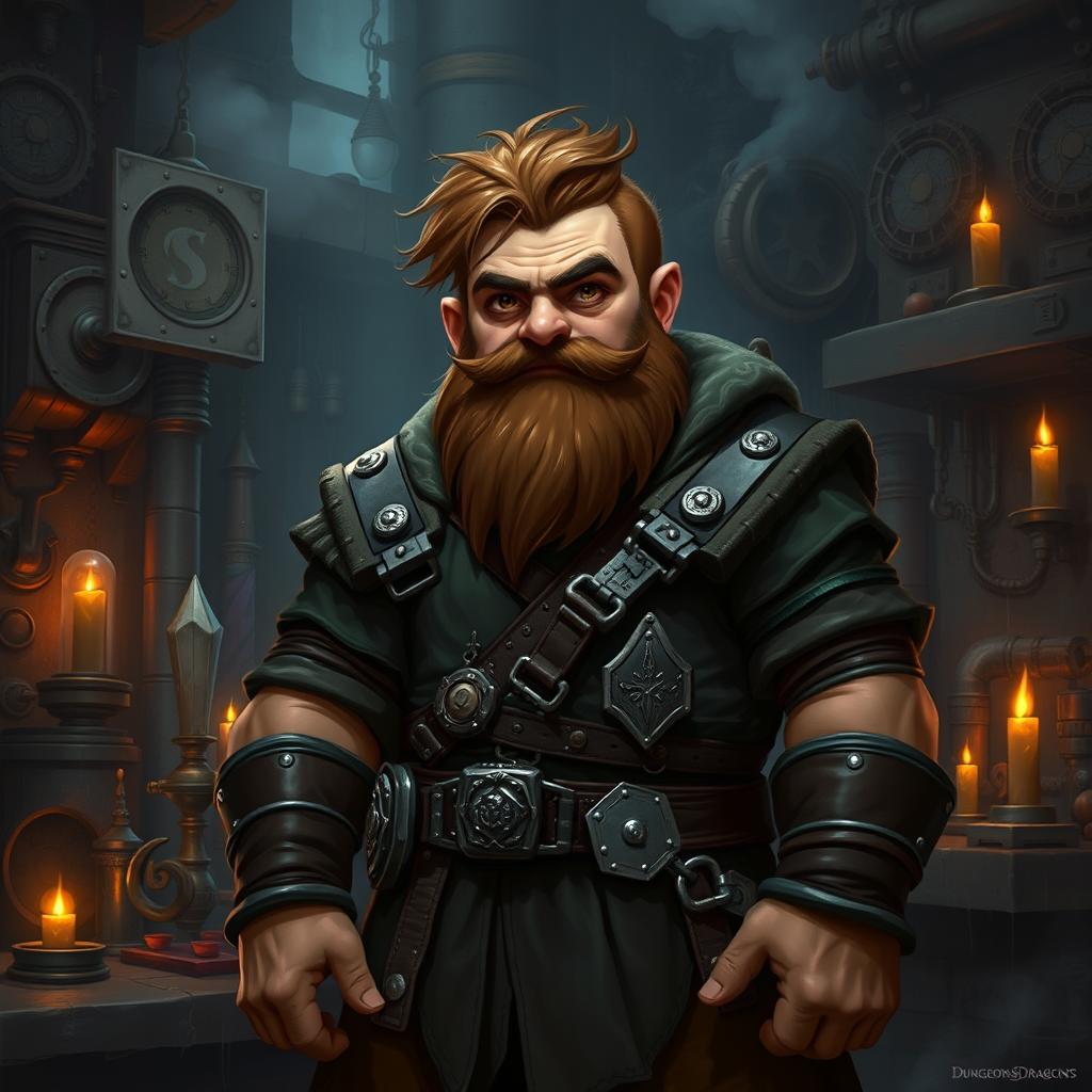 A robust young dwarf artificer, short in stature, with an intelligent demeanor in a dark fantasy style for Dungeons & Dragons
