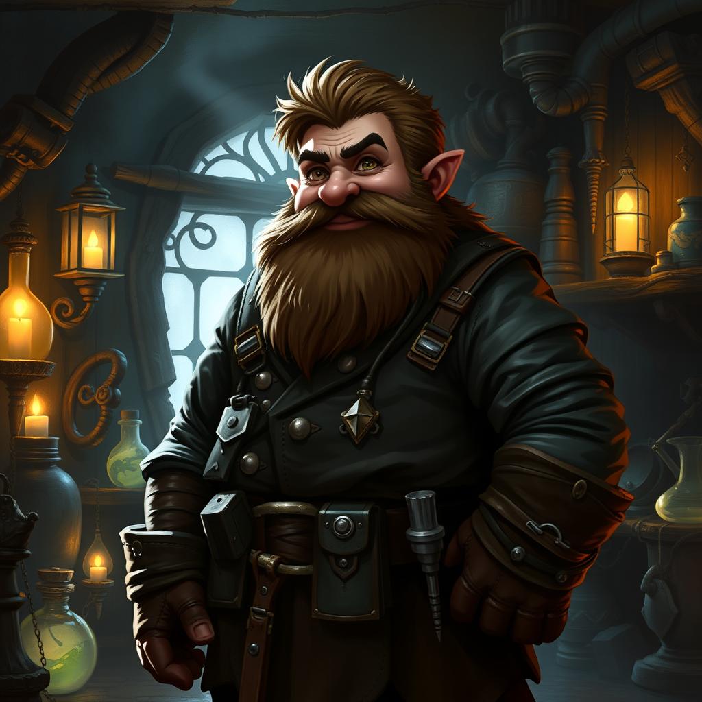 A robust young dwarf artificer, short in stature, kind-hearted, and very intelligent, depicted in a dark fantasy style for Dungeons & Dragons