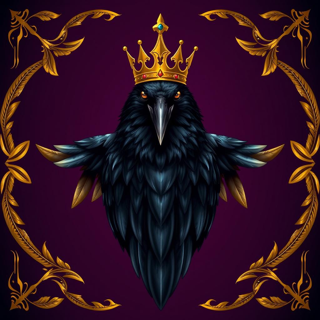 A fantasy book cover illustration featuring a majestic raven at the center, adorned with a golden crown