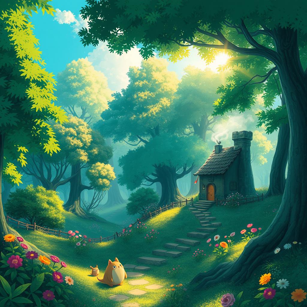 A stunning landscape depicting a whimsical, magical forest in the style of Studio Ghibli, filled with lush green trees, vibrant flowers, and soft sunlight that filters through the leaves