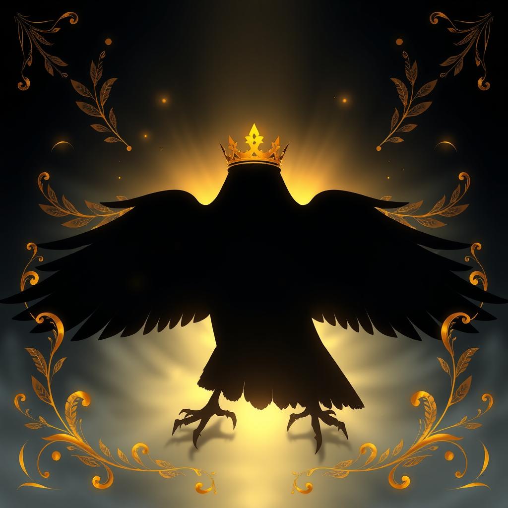 A fantasy book cover illustration featuring the silhouette of a raven at the center, wearing a golden crown