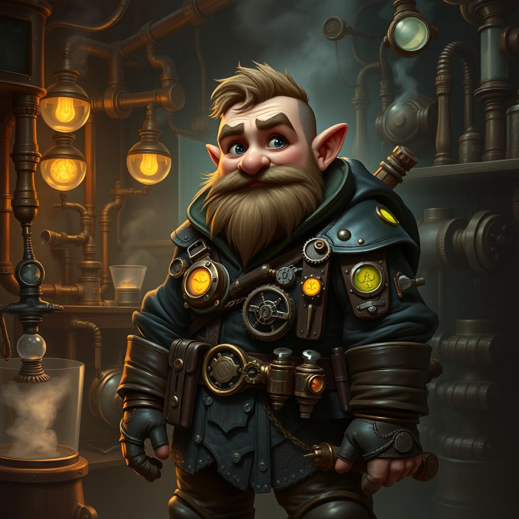 A young, robust dwarf artificer, short in stature, kind-hearted, and very intelligent, featuring intricate steampunk gadgets and devices in a dark fantasy style for Dungeons & Dragons