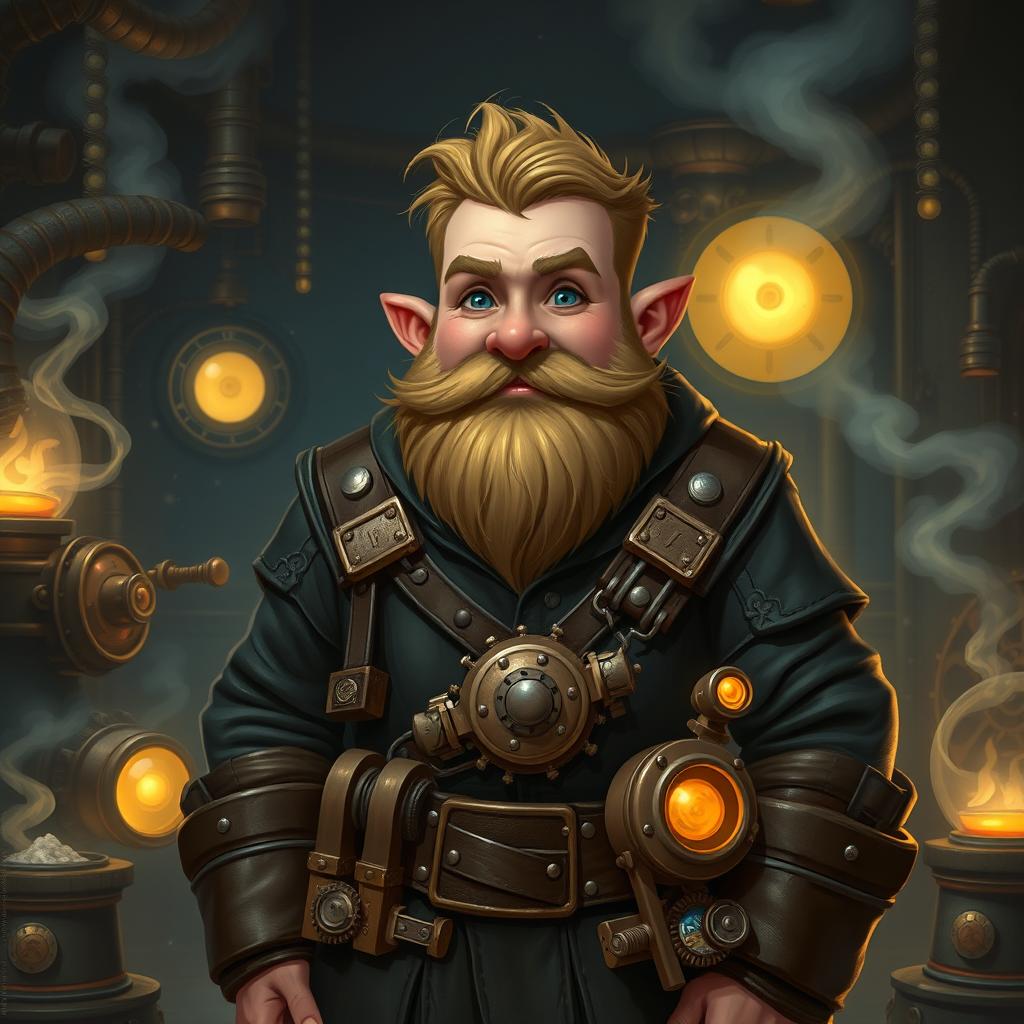 A young, robust dwarf artificer, short in stature, kind-hearted, and very intelligent, characterized by elaborate steampunk gadgets in a dark fantasy setting for Dungeons & Dragons