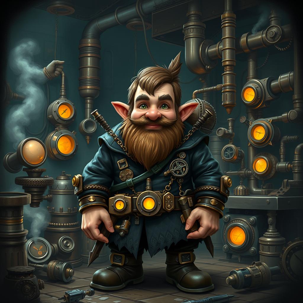 A young, robust dwarf artificer, short in stature, characterized by intricate steampunk gadgets and devices, designed in a dark fantasy style for Dungeons & Dragons