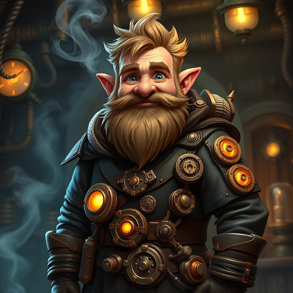 A young, robust dwarf artificer, short in stature, kind-hearted, and very intelligent, featuring imaginative steampunk gadgets in a dark fantasy theme suitable for Dungeons & Dragons