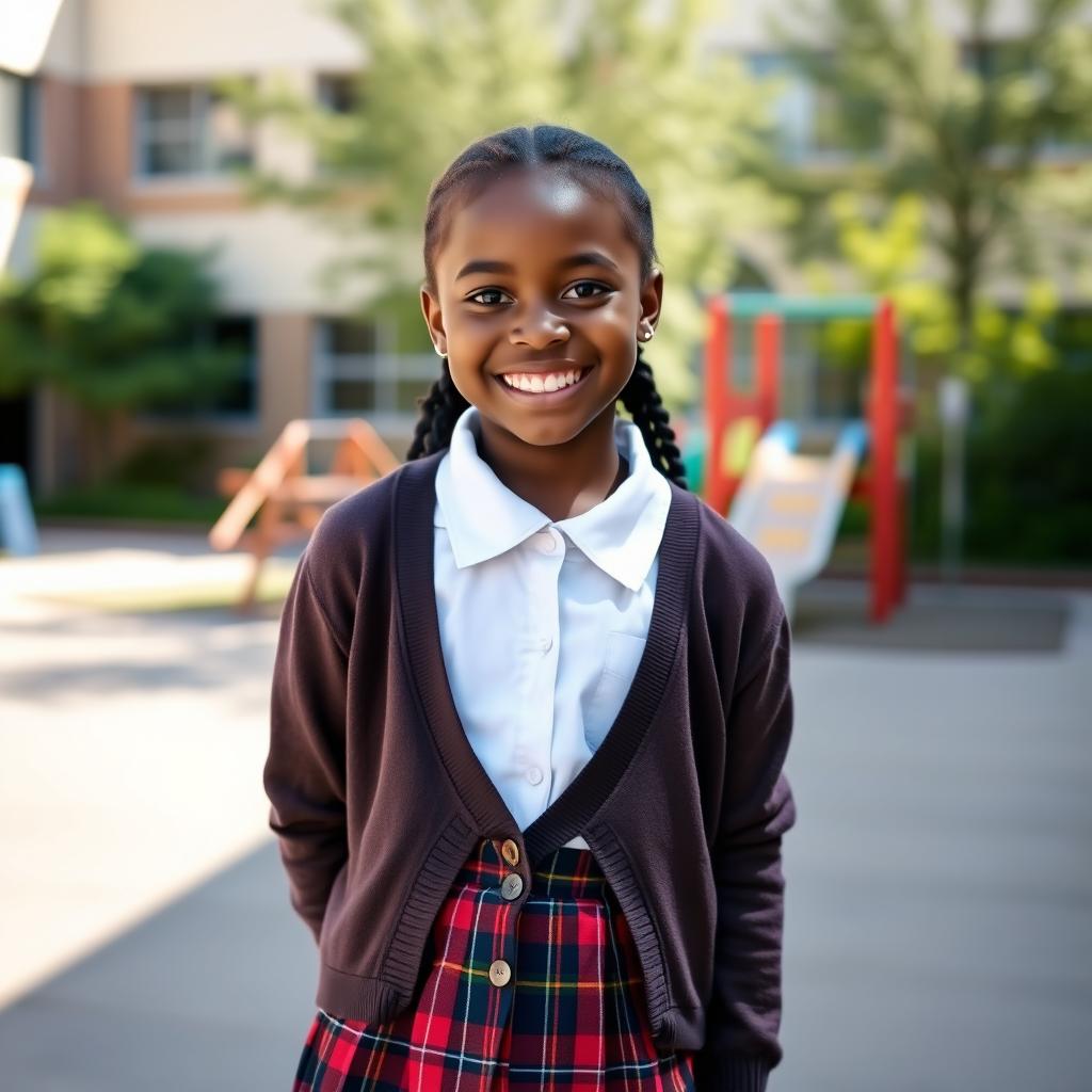 A lovely young girl with dark skin and a bright smile, wearing a school uniform