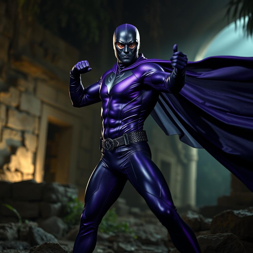 Portuguese actor José Condessa as The Phantom, posing in a dynamic superhero stance, wearing a full-body purple lycra suit and a black mask, set in ancient jungle ruins