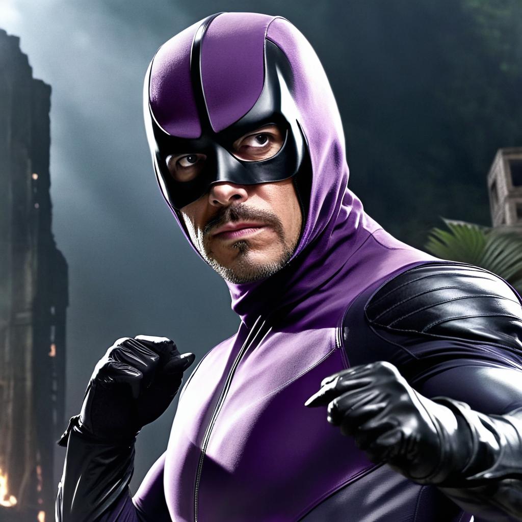 Portuguese actor José Condessa as The Phantom, full-body purple lycra suit with black mask, dynamic superhero pose in jungle ruins, cinematic lighting, hyper-detailed, photorealism, motion blur effect on cape -ar 16:9