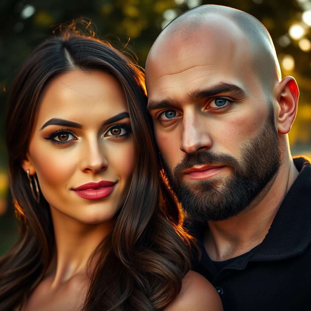 A romantic scene featuring a couple, where the girl has beautiful chocolate brown hair cascading down her shoulders, captivating dark brown eyes, and luscious, juicy lips that suggest warmth and affection