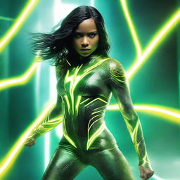 Zoe Kravitz with straight black hair, wearing a tight, green technical superhero costume with yellow lightning patterns. Costume has tech details emphasizing a connection to electricity, her eyes glow yellow, and she exhibits electrical powers.