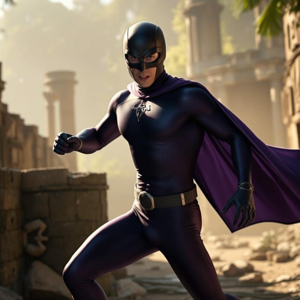 Portuguese actor José Condessa as The Phantom, wearing a full-body purple lycra suit and a black mask, captured in a dynamic superhero pose amidst jungle ruins