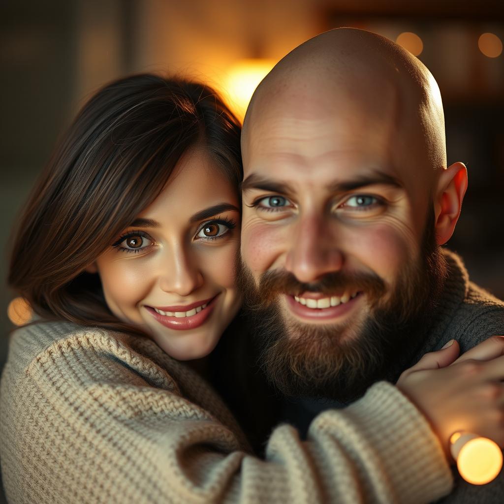 A heartwarming scene of a couple embracing each other in a warm and cozy environment