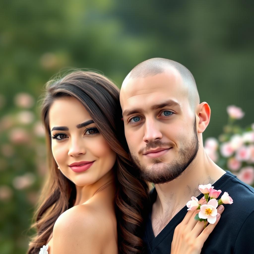 A young couple standing together in a picturesque outdoor setting