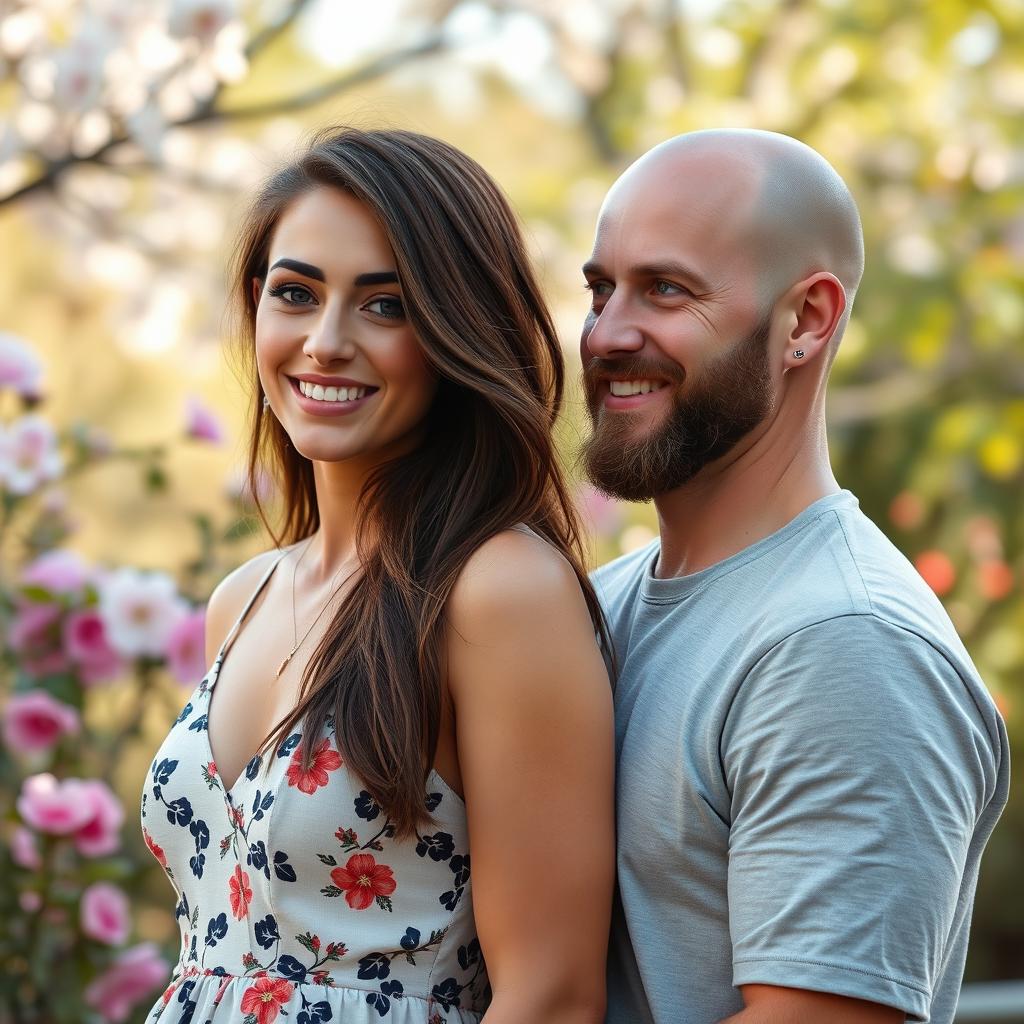 A romantic scene featuring a couple in love, the woman is a beautiful 29-year-old with flowing chocolate brown hair and deep dark brown eyes