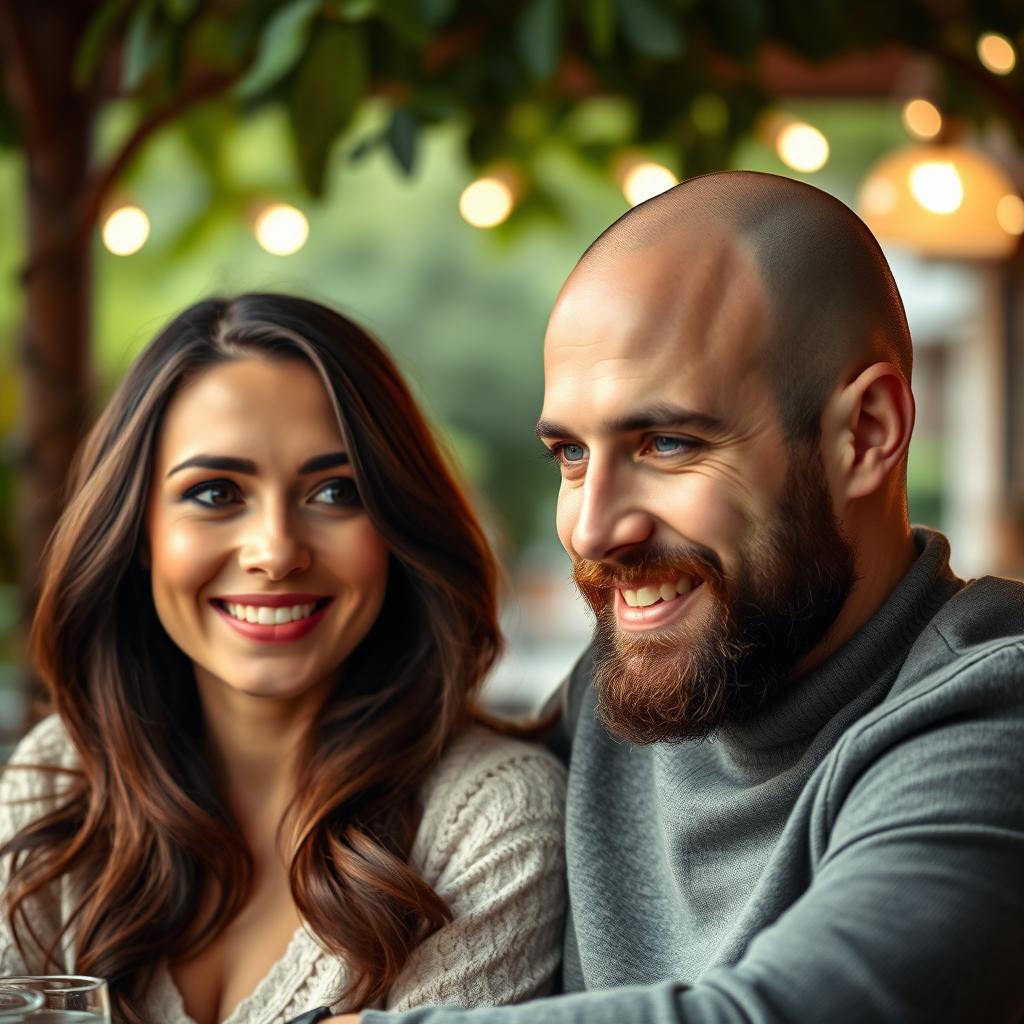 A romantic scene featuring a couple: a beautiful 29-year-old woman with long, flowing chocolate brown hair and captivating dark brown eyes, alongside a 33-year-old man who is bald with striking blue eyes and a well-groomed dark brown beard